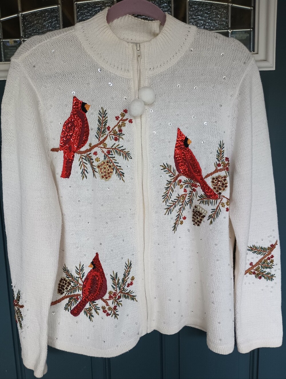 Tiara International Christmas Collection Sz L Cream W/Cardinals On Pine Branch